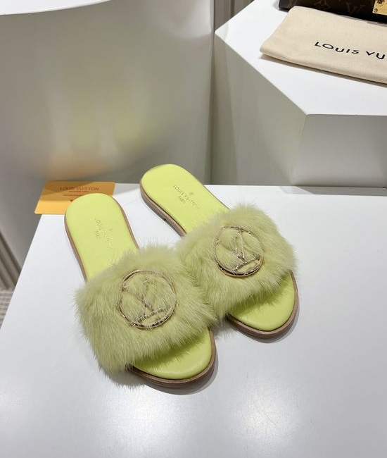 Louis Vuitton LV Genuine Leather Mink Fur Open Toe Flat Slides Luxury