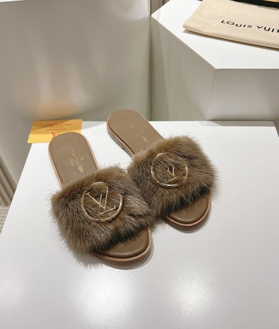 Louis Vuitton LV Genuine Leather Mink Fur Open Toe Flat Slides Luxury