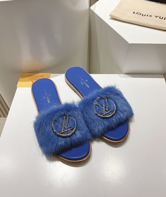 Louis Vuitton LV Genuine Leather Mink Fur Open Toe Flat Slides Luxury