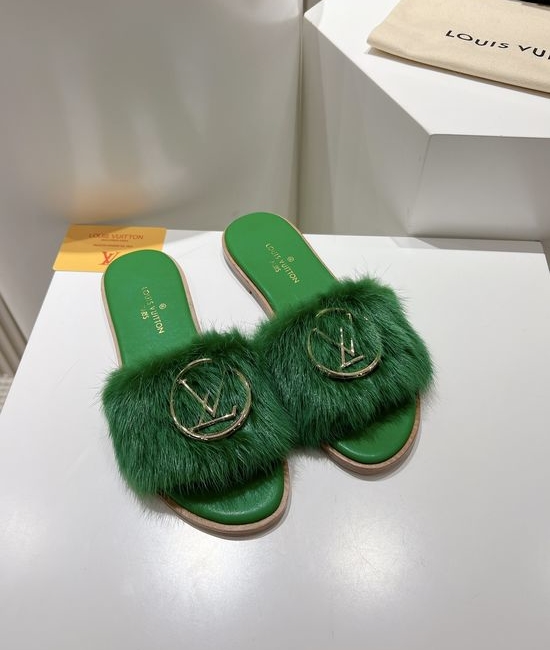 Louis Vuitton LV Genuine Leather Mink Fur Open Toe Flat Slides Luxury