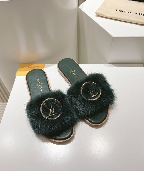 Louis Vuitton LV Genuine Leather Mink Fur Open Toe Flat Slides Luxury