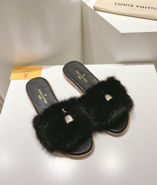 Louis Vuitton LV Genuine Leather Mink Fur Open Toe Flat Slides Luxury