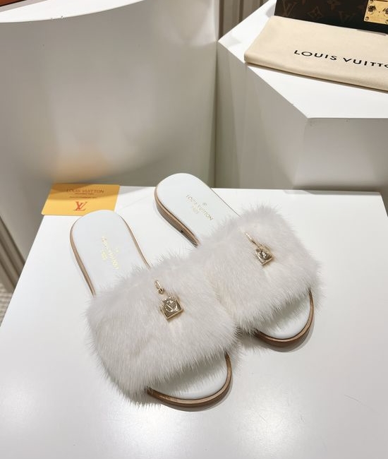 Louis Vuitton LV Genuine Leather Mink Fur Open Toe Flat Slides Luxury