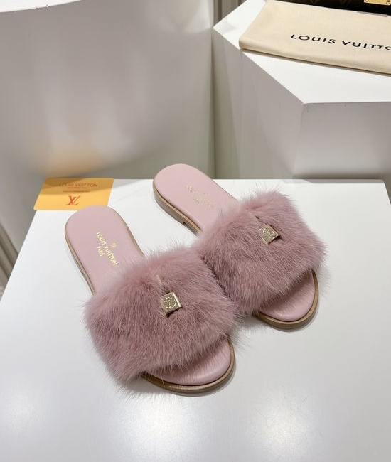 Louis Vuitton LV Genuine Leather Mink Fur Open Toe Flat Slides Luxury