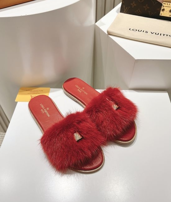 Louis Vuitton LV Genuine Leather Mink Fur Open Toe Flat Slides Luxury