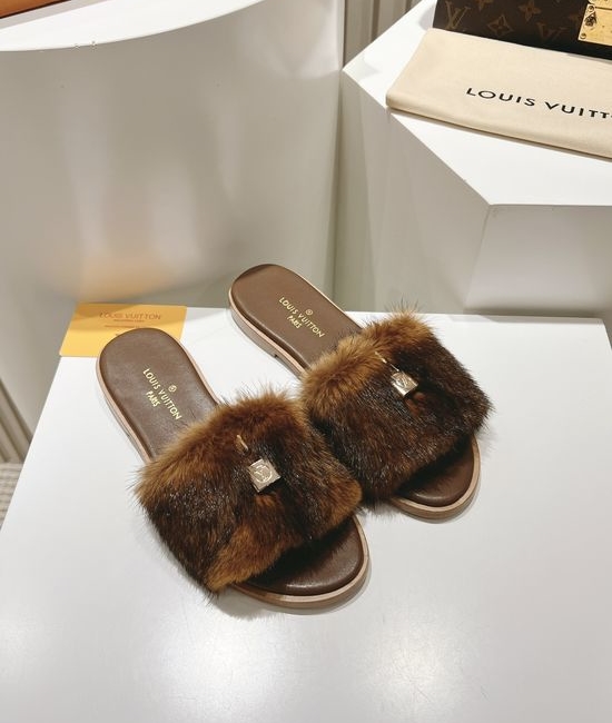 Louis Vuitton LV Genuine Leather Mink Fur Open Toe Flat Slides Luxury