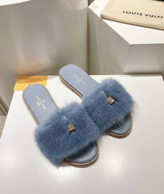 Louis Vuitton LV Genuine Leather Mink Fur Open Toe Flat Slides Luxury