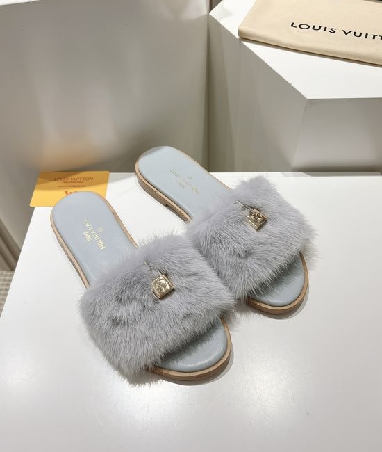 Louis Vuitton LV Genuine Leather Mink Fur Open Toe Flat Slippers