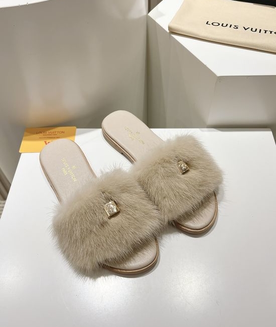 Louis Vuitton LV Genuine Leather Mink Fur Open Toe Flat Slides Luxury