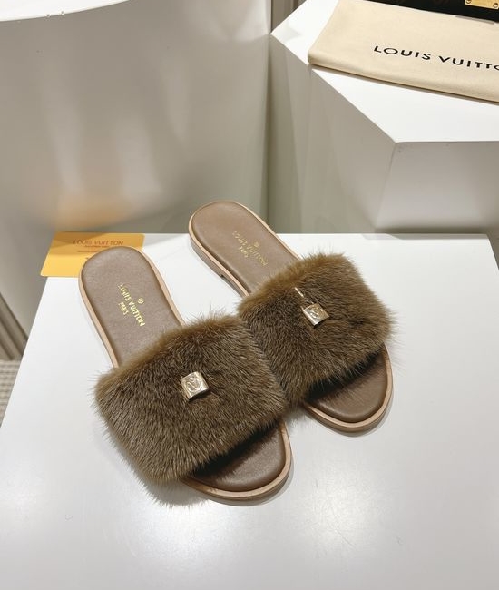 Louis Vuitton LV Genuine Leather Mink Fur Open Toe Flat Slides Luxury