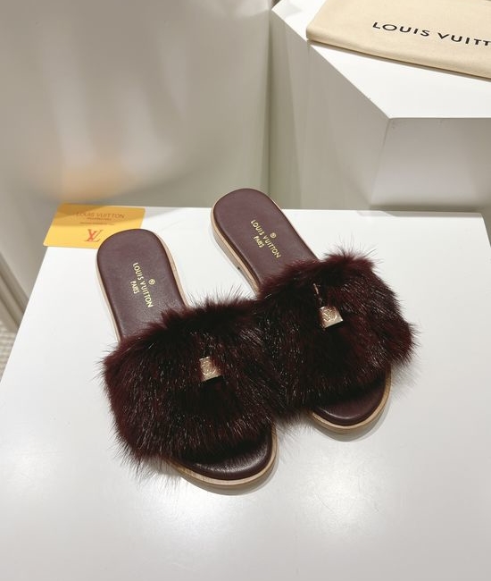 Louis Vuitton LV Genuine Leather Mink Fur Open Toe Flat Slides Luxury