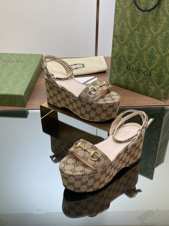 Gucci Monogram Canvas Buckle Decor Platform Heeled Sandals
