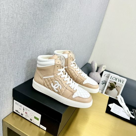 Chanel Genuine Leather High Top Casual Shoes with Rhinestone Buckle