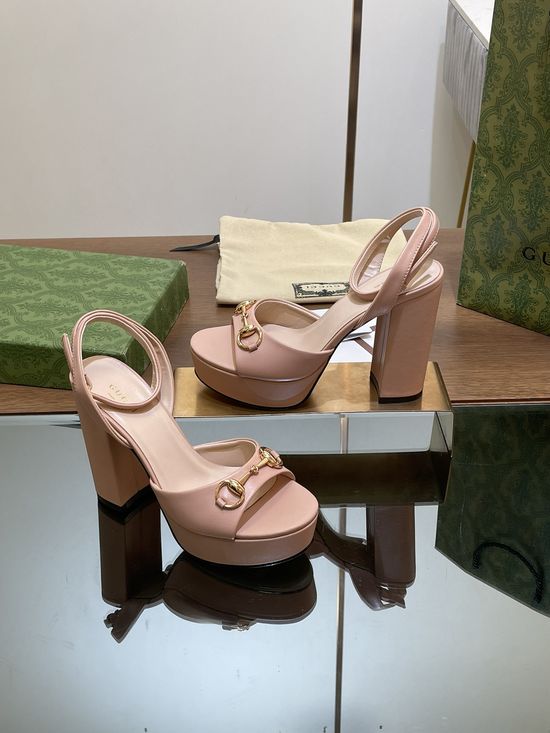 Gucci Grain Leather Buckle Strap Platform High Heel Sandals