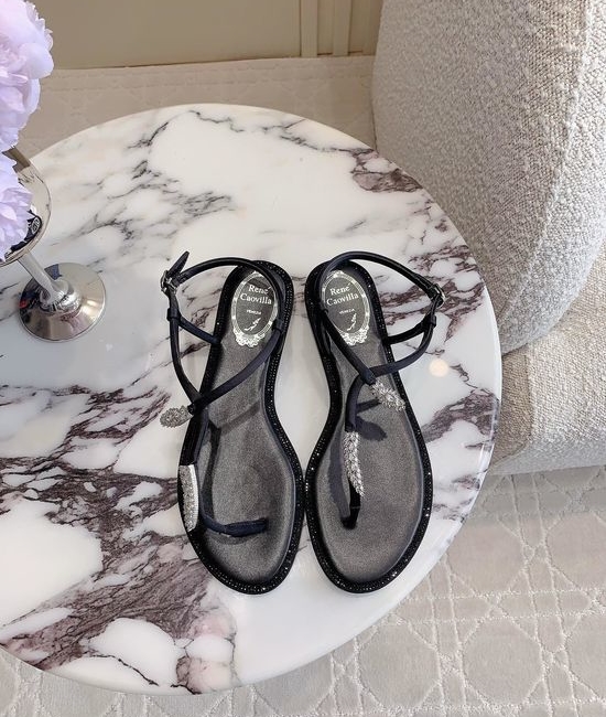 Rene Caovilla Elegant Toe-Post Flat Sandals with Crystal Buckle