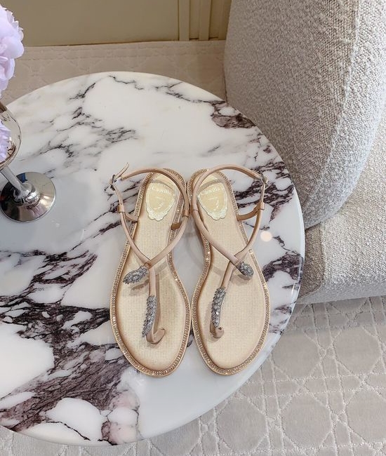 Rene Caovilla Elegant Toe-Post Flat Sandals with Crystal Buckle