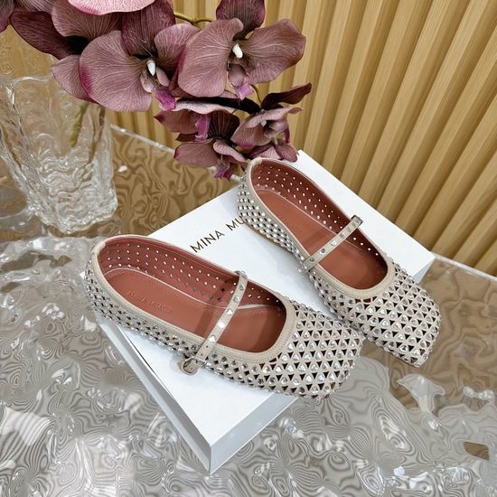 Amina Muaddi Hollow Rhinestone Suede Upper Flat Shoes