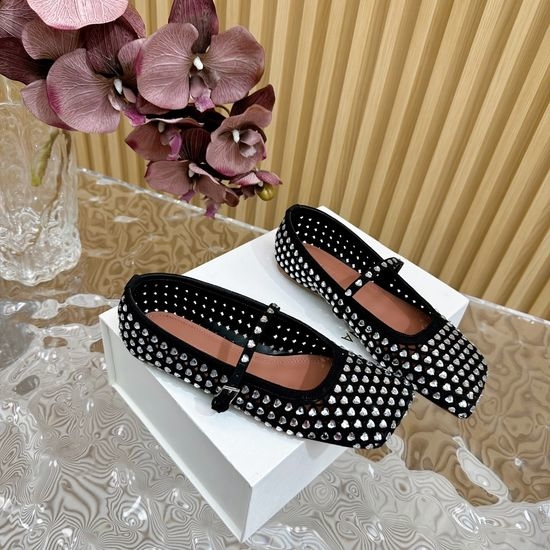 Amina Muaddi Hollow Rhinestone Suede Upper Flat Shoes