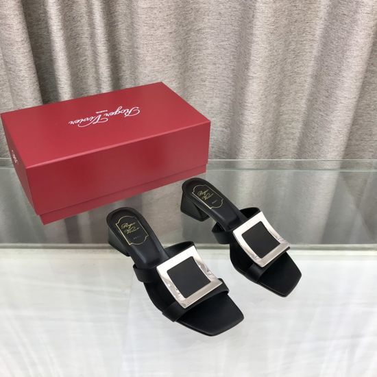 Roger Viver Premium Leather Upper Chunky Heel Slide Sandals