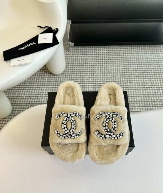 Chanel Rhinestone Accent Wool Fuzzy Slippers Rubber Sole