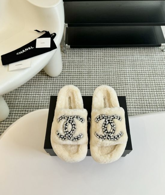 Chanel Rhinestone Accent Wool Fuzzy Slippers Rubber Sole