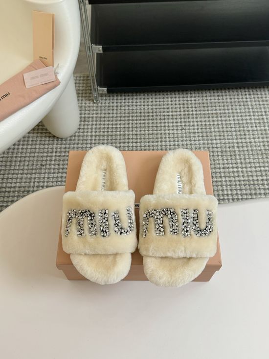 Miu Miu Rhinestone Decor Wool Platform Slippers TPU Non Slip Sole
