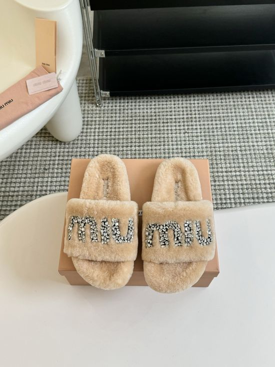 Miu Miu Rhinestone Decor Wool Platform Slippers TPU Non Slip Sole