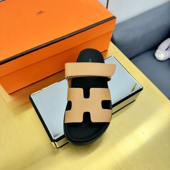 Hermes Plaid Leather Comfortable Slide Sandals Premium Quality Non-slip Sole