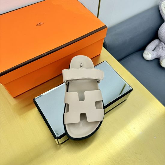 Hermes Plaid Leather Comfortable Slide Sandals Premium Quality Non-slip Sole