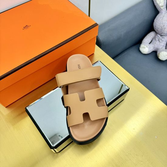 Hermes Plaid Leather Comfortable Slide Sandals Premium Quality Non-slip Sole