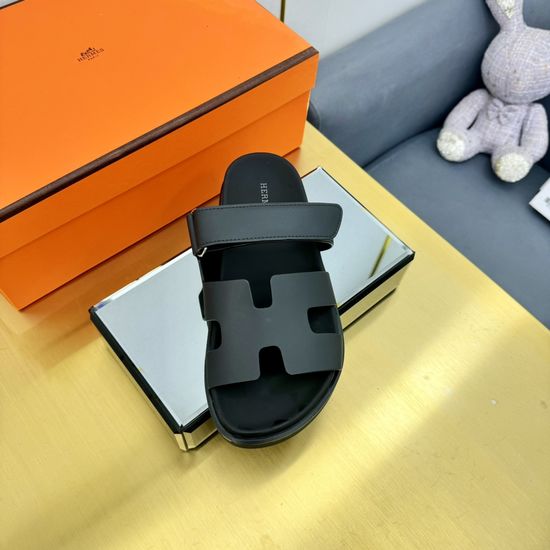 Hermes Plaid Leather Comfortable Slide Sandals Premium Quality Non-slip Sole