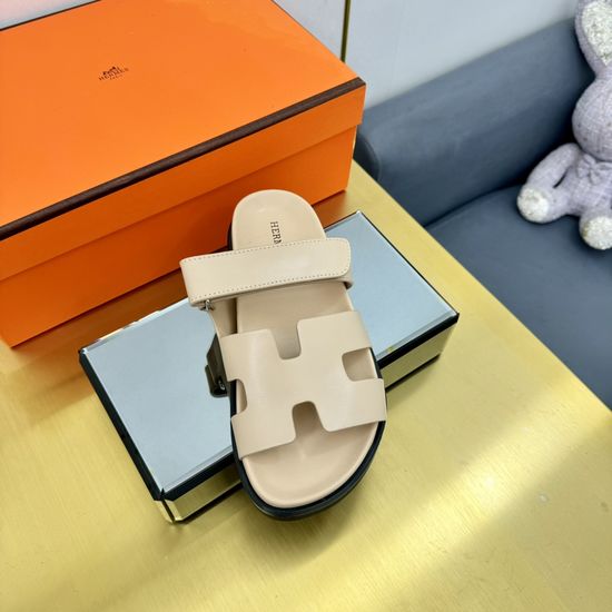 Hermes Plaid Leather Comfortable Slide Sandals Premium Quality Non-slip Sole