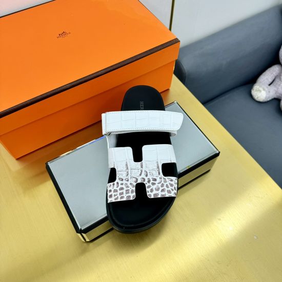 Hermes Plaid Leather Comfortable Slide Sandals Premium Quality Non-slip Sole