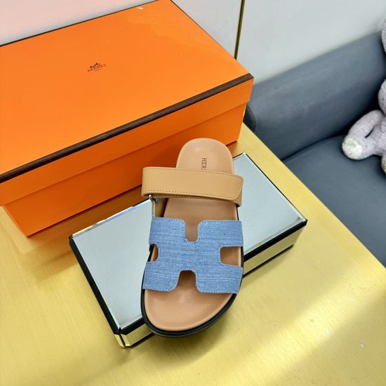 Hermes Plaid Leather Comfortable Slide Sandals Premium Quality Non-slip Sole