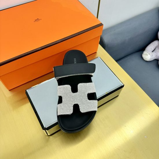 Hermes Plaid Leather Comfortable Slide Sandals Premium Quality Non-slip Sole