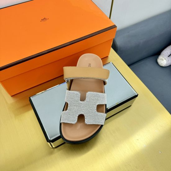 Hermes Plaid Leather Comfortable Slide Sandals Premium Quality Non-slip Sole