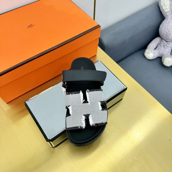 Hermes Plaid Leather Comfortable Slide Sandals Premium Quality Non-slip Sole