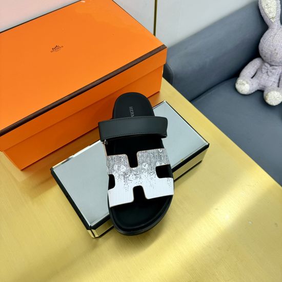 Hermes Plaid Leather Comfortable Slide Sandals Premium Quality Non-slip Sole