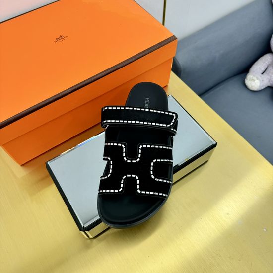Hermes Plaid Leather Slides with Durable TPU Sole