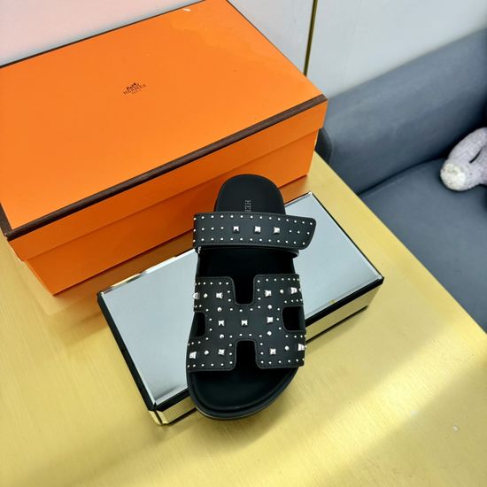 Hermes Plaid Leather Slides with Durable TPU Sole