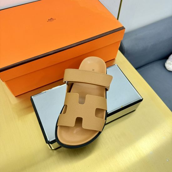 Hermes Plaid Leather Comfortable Slide Sandals Premium Quality Non-slip Sole