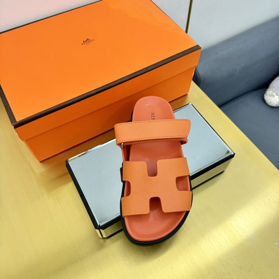 Hermes Plaid Leather Comfortable Slide Sandals Premium Quality Non-slip Sole
