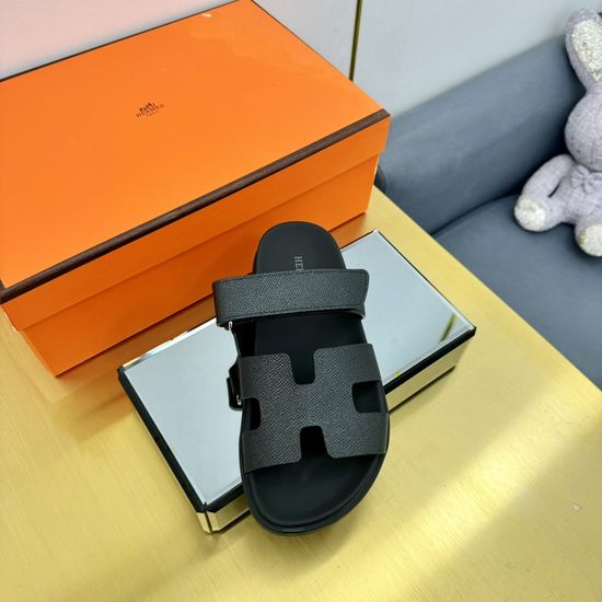 Hermes Plaid Leather Comfortable Slide Sandals Premium Quality Non-slip Sole