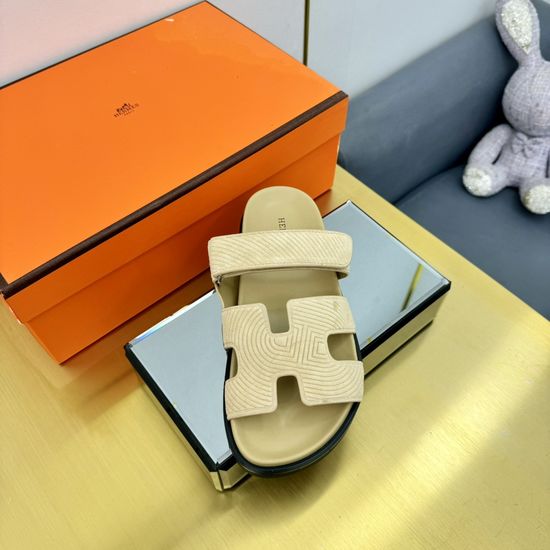 Hermes Plaid Leather Comfortable Slide Sandals Premium Quality Non-slip Sole