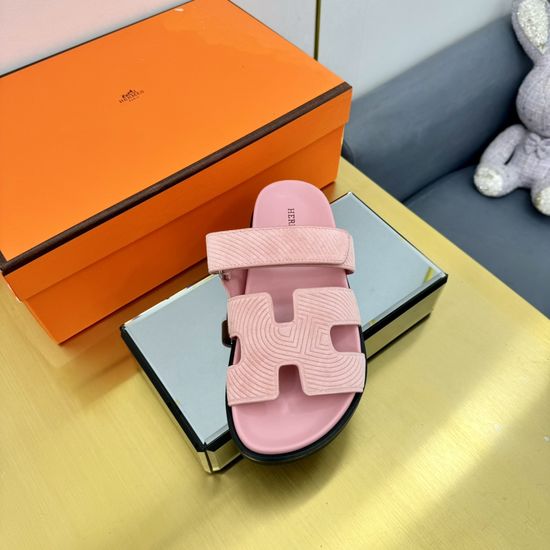 Hermes Plaid Leather Comfortable Slide Sandals Premium Quality Non-slip Sole
