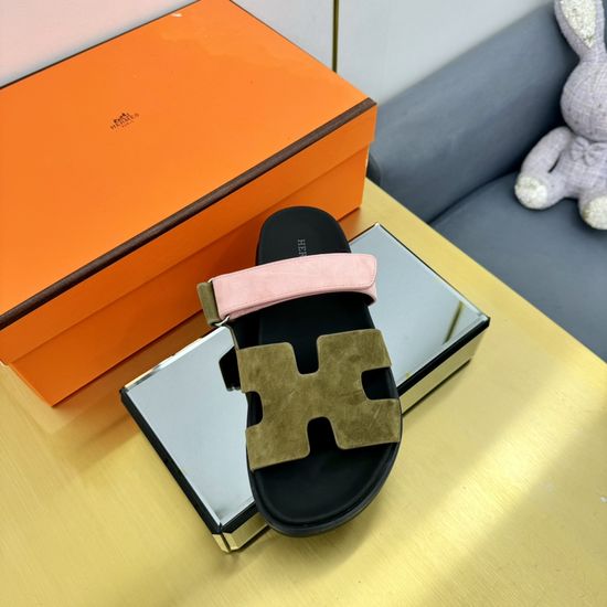 Hermes Plaid Leather Comfortable Slide Sandals Premium Quality Non-slip Sole