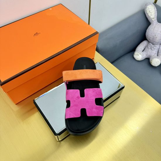 Hermes Plaid Leather Comfortable Slide Sandals Premium Quality Non-slip Sole