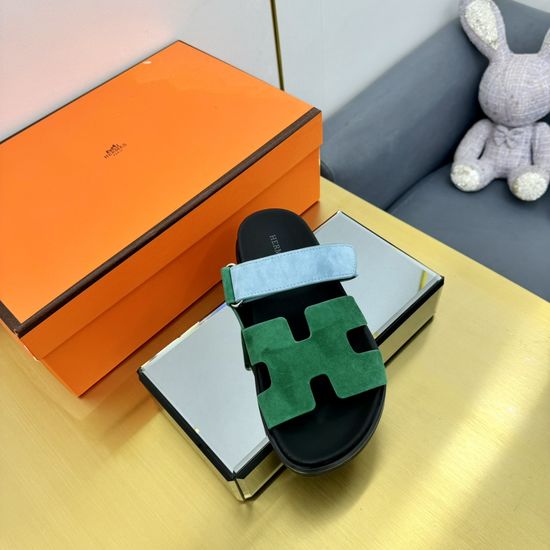 Hermes Plaid Leather Comfortable Slide Sandals Premium Quality Non-slip Sole