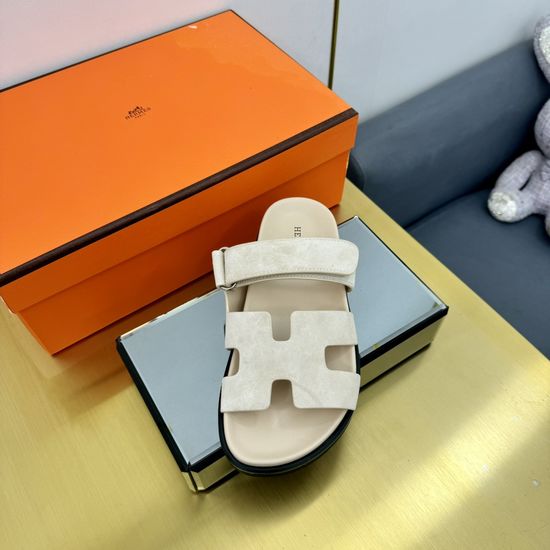 Hermes Plaid Leather Comfortable Slide Sandals Premium Quality Non-slip Sole