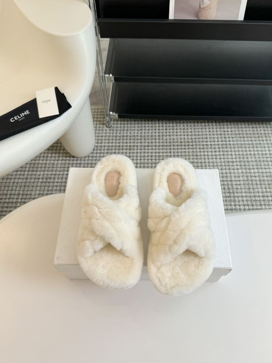 Celine Thick Sole Flip Flop Wool Slippers Wear-resistant Sole